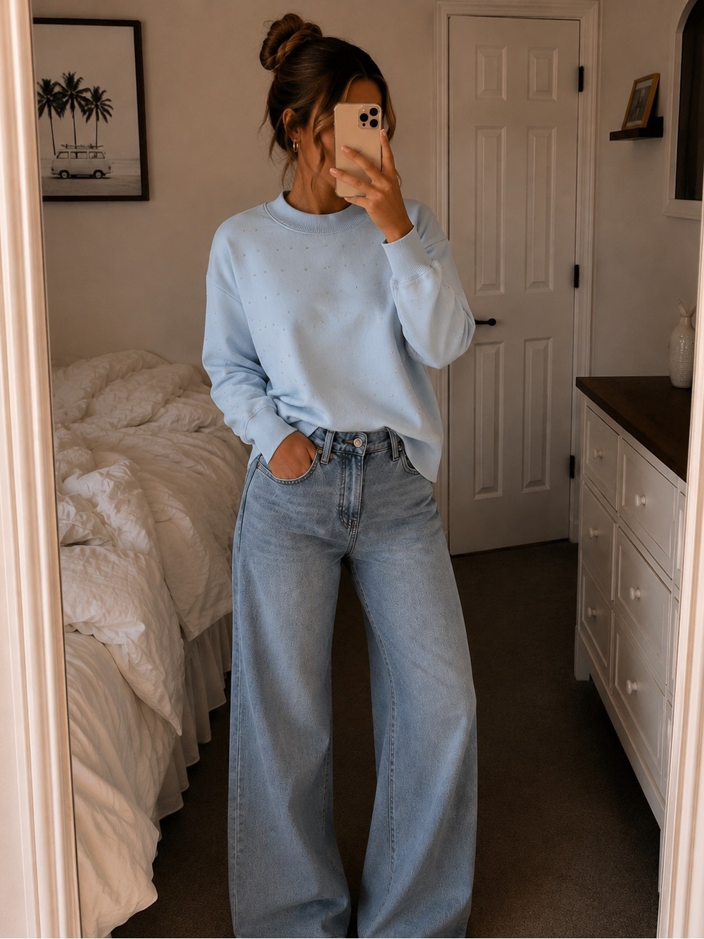 a new day Light Blue Crewneck Sweatshirt rhinestone polka dots medium